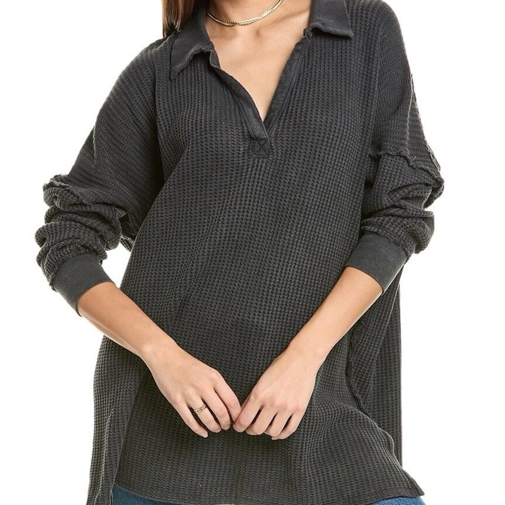 We The Free Charcoal Waffle Knit Collared Pullover